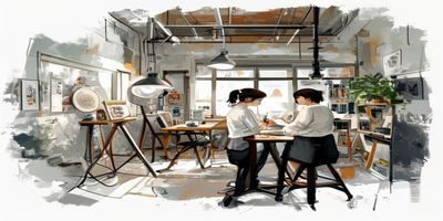 小早川怜子创作工作室场景，艺人专注投入创作，专业设备环绕，展现其对艺术的严肃态度