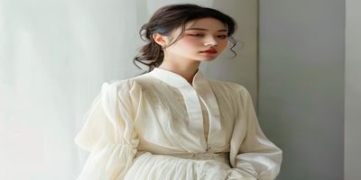 小早川怜子时尚造型全身照，身着精致日系服装，姿态优雅，背景为简约摄影棚