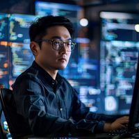 张宇航，技术架构师，戴着眼镜坐在多屏幕工作站前，屏幕上显示着代码与系统架构图，专注认真的工程师形象