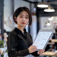 林悦诗，用户体验总监，留着利落短发，手持平板展示界面设计稿，背景为设计工作室，专注而富有创造力